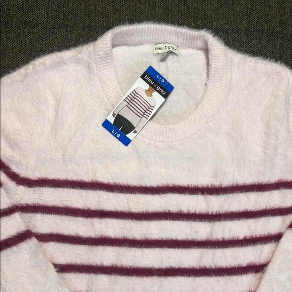 NWT Bleu Gray Soft Fuzzy Pink Striped Sweater sz L - Picture 3 of 9